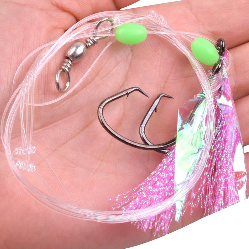 Shaddock Fishing 15Packs Fishing Bait Rigs Set Saltwater Fishing Rigs with Sharp Hooks, Fish Skin, Barrel Swivel and Glow Beads Bottom Fishing Rigs for Freshwater Flounder Sea Bass Halibut (Pink) - Image 4